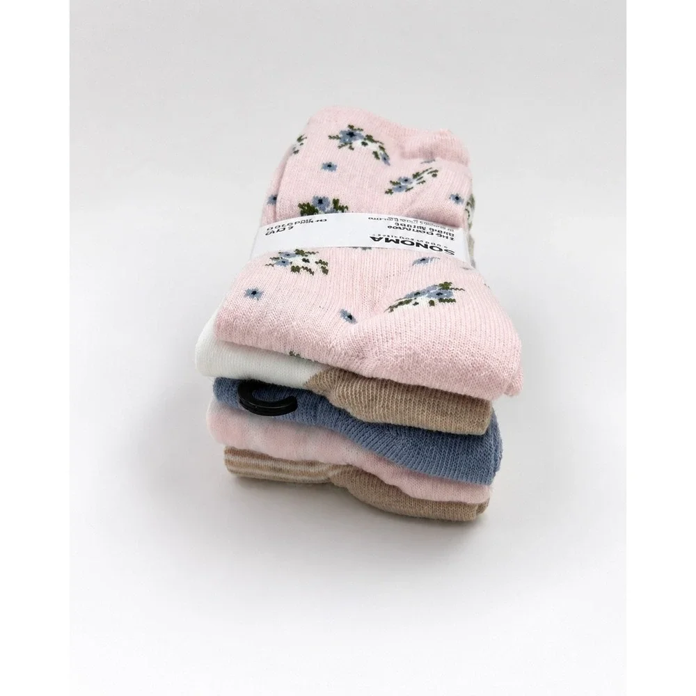 Sonoma Women's Everyday Crew Socks 5 Pair Pink Floral Shoe Size 4-10 NWT